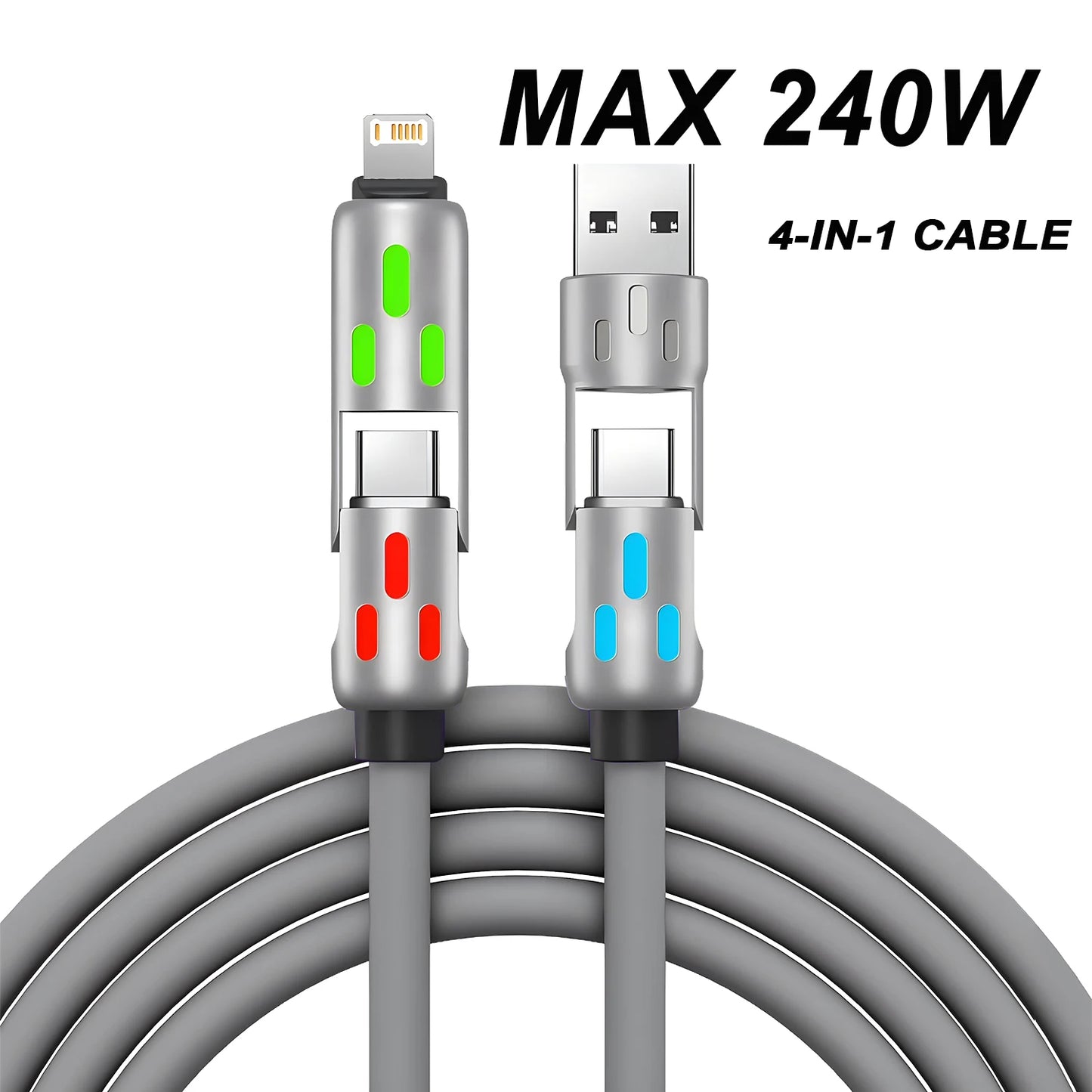 4 in 1 Multi Connectors Charger Rotating Elbow USB to Type-C 1.2M Mobile Phone 240W Fast Charging Silicone Cable Data Transfer