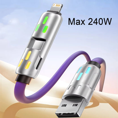 4 in 1 Multi Connectors Charger Rotating Elbow USB to Type-C 1.2M Mobile Phone 240W Fast Charging Silicone Cable Data Transfer