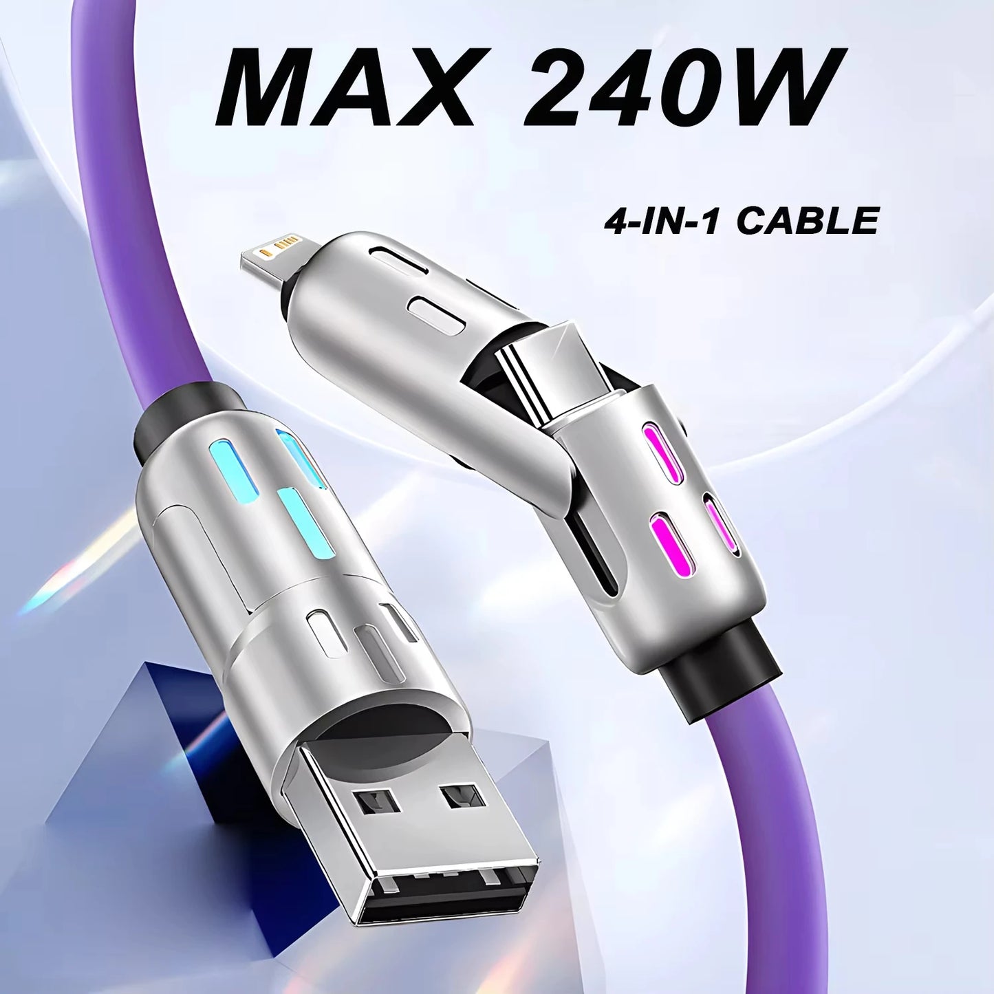 4 in 1 Multi Connectors Charger Rotating Elbow USB to Type-C 1.2M Mobile Phone 240W Fast Charging Silicone Cable Data Transfer