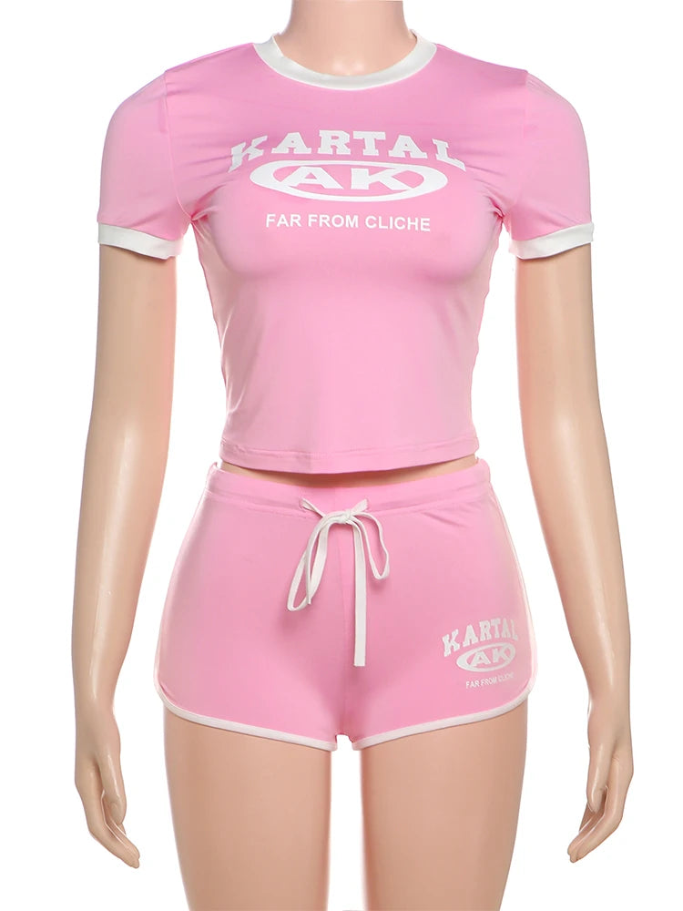 Tracksuit Letter Print 2 Piece Set Women Activity Shorts Sleeve Crop Tops+Biker Shorts Matching Street Stretch Suits